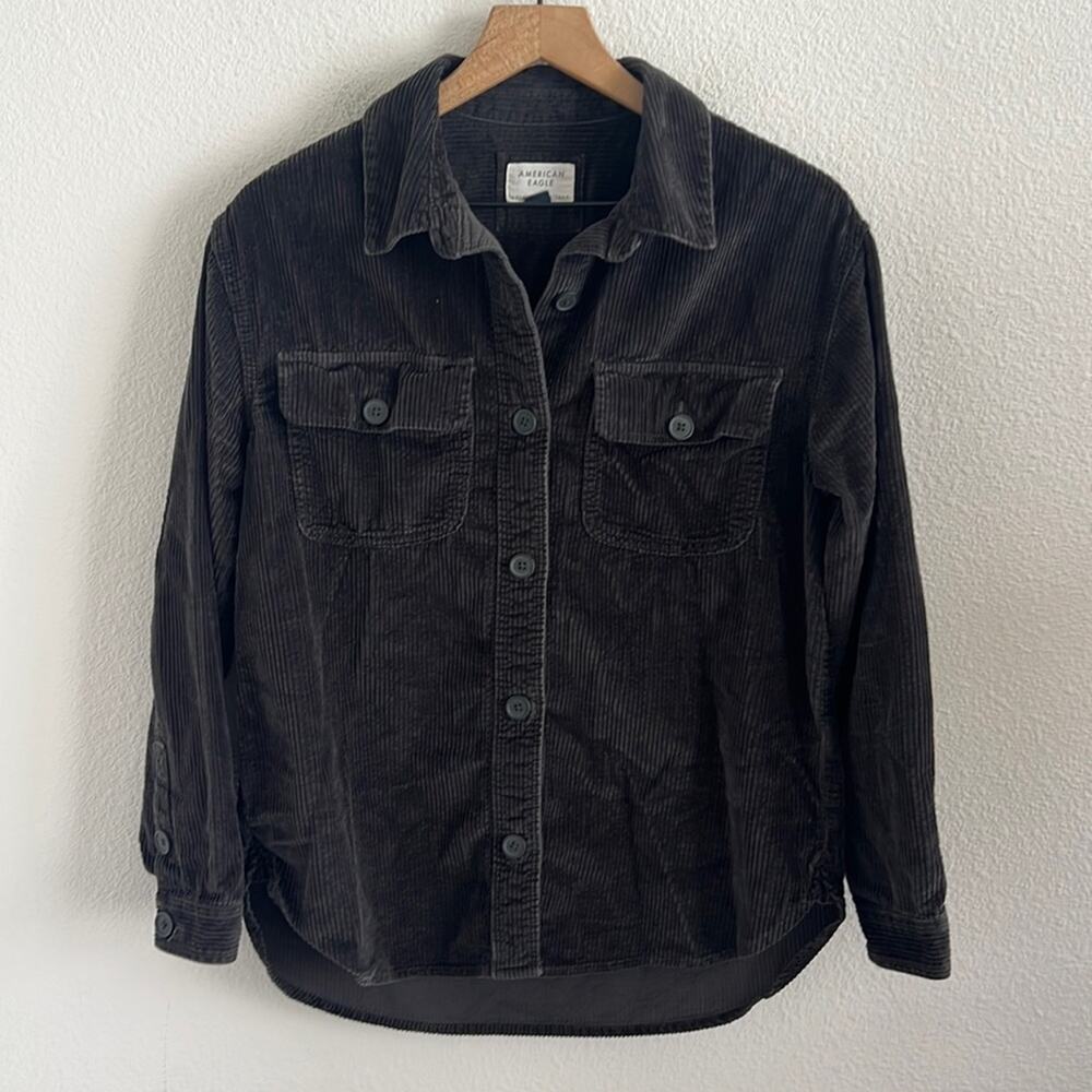 American Eagle Corduroy Shacket Dark Gray Ribbed Front Button Cotton XS